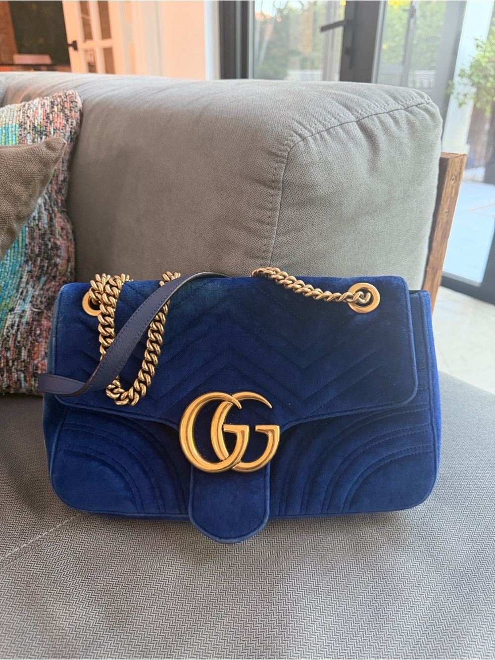 Gucci Navy Blue Velvet GG Chain Shoulder Bag